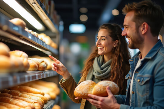 Happy couple choosing bread in supermarket. Grocery bakery section with smiling partners. Shopping lifestyle with bakery products.