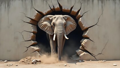 Powerful Elephant Breaking Through Old Crumbling Concrete Wall