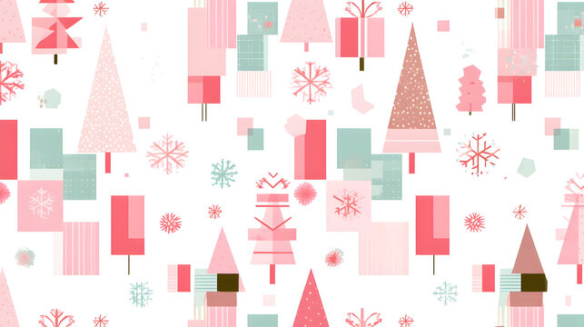 Abstract Christmas pattern with trees snowflakes and gifts in pastel colors - Powered by Adobe