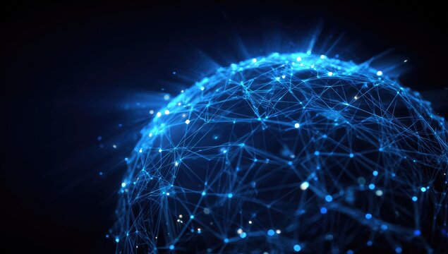Abstract 3D rendering of a digital network globe emitting ethereal light on a deep blue background