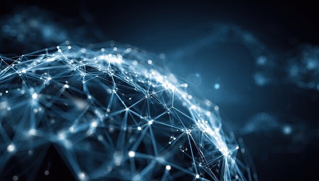 Abstract, glowing sphere constructed of interconnected nodes against a dark, blurred background