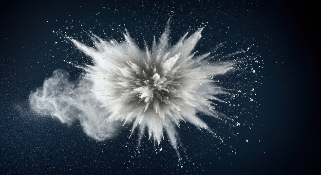 A powerful white powder explosion captured in mid air against a dark background