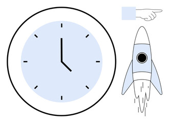 Clock symbolizing timing, rocket representing innovation, hand indicating direction. Ideal for productivity, future planning, innovation, decision-making, teamwork growth mindset. Simple flat