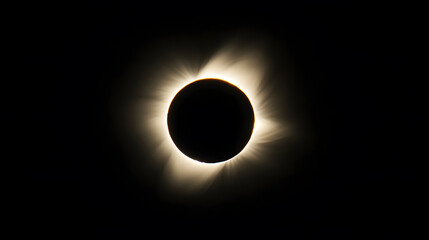A total solar eclipse. The sun's corona glows around the dark moon.