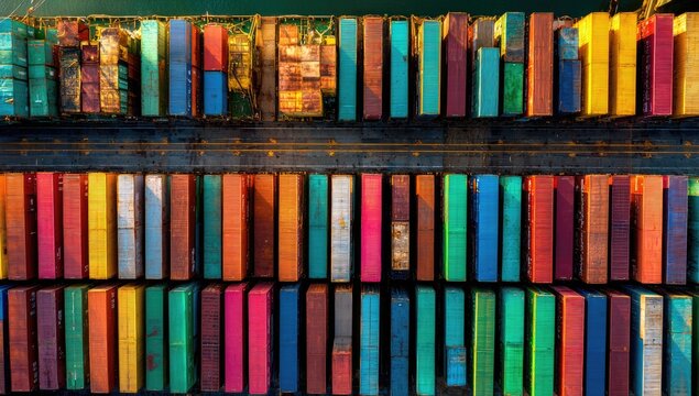 Overhead shot of a harbor filled with vibrant, stacked, and organized shipping containers - Powered by Adobe