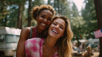 Fototapeta premium Two friends enjoying a joyful moment in a forest campsite surrounded by tall trees and vintage campers on a sunny day