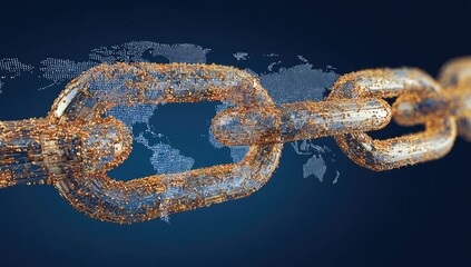 Close-up of a stylized chain in a technological style, with a world map background