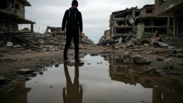 Man walking through a ruined city street with destruction, war, or catastrophe aftermath visible in puddles, video footage.