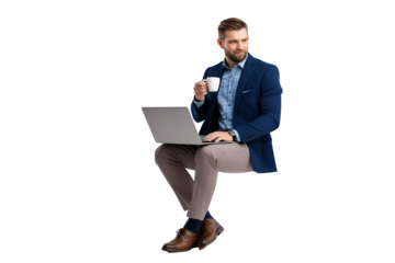Confident businessman with laptop and coffee taking a break to strategize for future success
