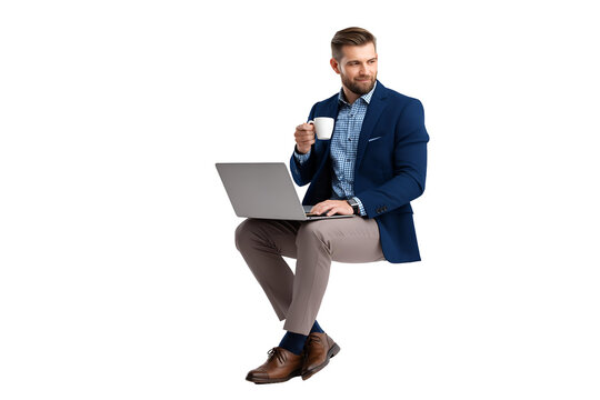 Confident businessman with laptop and coffee taking a break to strategize for future success