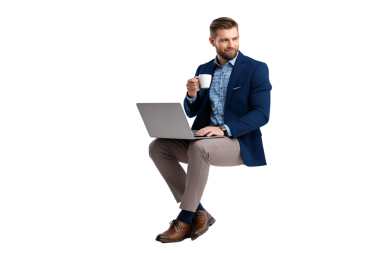 Confident businessman with laptop and coffee taking a break to strategize for future success