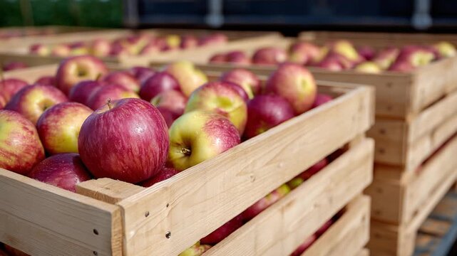 Morning light highlights ripe apples in stacked wooden crates on a flatbed truck, ready for market transport.