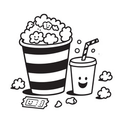 A black and white cartoon vector illustration of a large striped popcorn bucket overflowing with popcorn. 