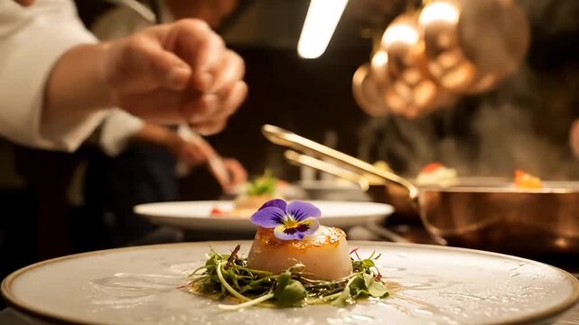 Chef plating gourmet dish with edible flower in restaurant kitchen  