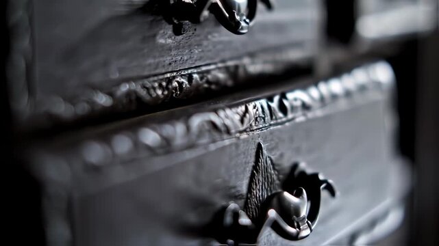 Close up view of antique black wooden cabinet with ornate drawer pulls