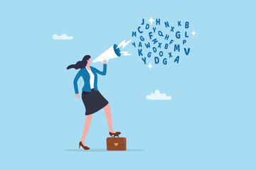 Communicate with dialog, words or conversation, announcement advertising, voice or media information, marketing concept, businesswoman talking on loudspeaker, megaphone with wording alphabets.