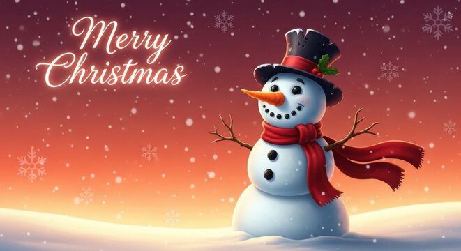 Whimsical snowman festive merry christmas greeting with falling snow and warm sunset colors - Powered by Adobe