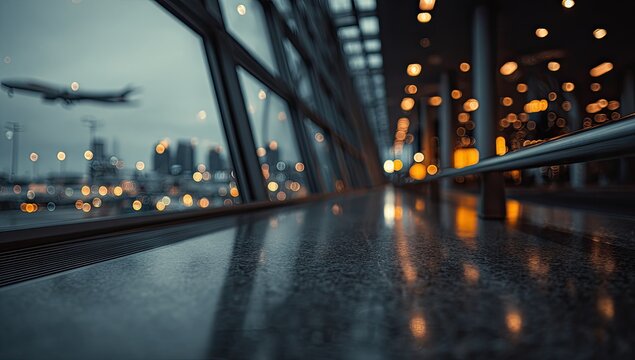 Interior airport view with large windows, blurred lights, a departing airplane, and reflective surfaces - Powered by Adobe