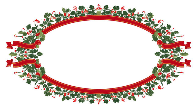 Festive Oval Frame with Holly Berries and Red Ribbons on White Background - Powered by Adobe