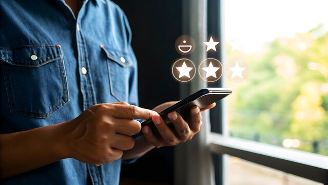 Man in denim shirt using smartphone with customer feedback concept, rating stars, positive review, satisfaction, service experience and business success