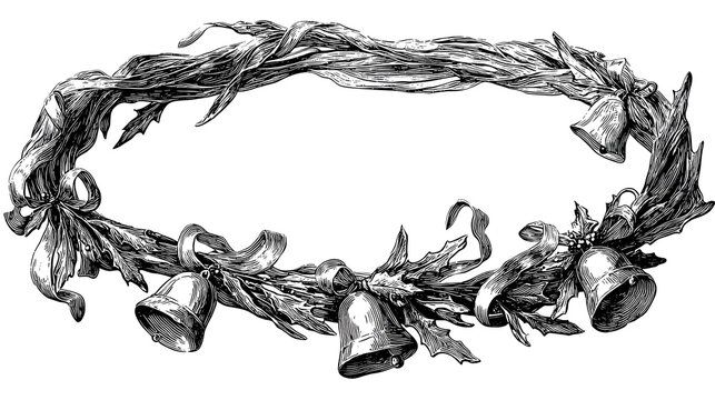 Intricate Engraved Christmas Wreath with Bells Ribbons and Holly Detail