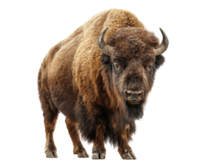 American bison standing on a transparent background, a majestic north american mammal with shaggy brown fur and horns