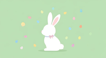 Obraz premium Charming white Easter bunny illustration with a pink bow, surrounded by whimsical pastel dotted eggs on a soft light green background, perfect for spring holiday celebrations, kids' designs, and seaso