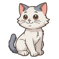 Fototapeta premium Adorable cartoon white cat with gray markings sitting and looking forward
