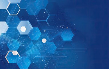 Abstract digital illustration featuring interconnected hexagonal shapes on a blue background