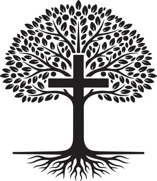Black silhouette of a cross integrated into a tree with roots Keywords: cross, tree, silhouette