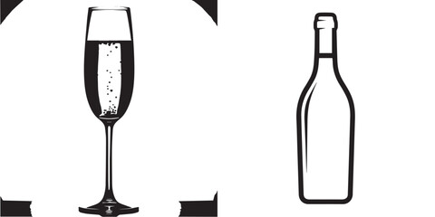 Obraz premium Minimalist Black and White Sparkling Wine Glass and Bottle Illustration