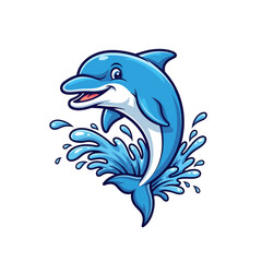 Fototapeta premium Delightful cartoon dolphin leaping joyfully from the water, perfect for children's books or marine-themed designs, conveying happiness and playful energy with its bright blue hues