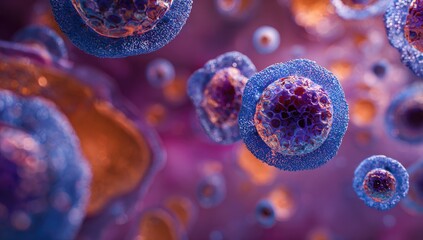 Microscopic view showcasing cellular structures, vibrant colors, and intricate details in a blurred background