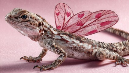 Naklejka premium Lizard with delicate pink heart-shaped wings, posed on a smooth pink surface