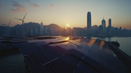 Sunrise cityscape solar panels