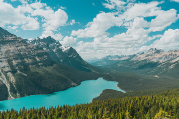 Turquoise lake nestled between a mountain range covered with pine trees