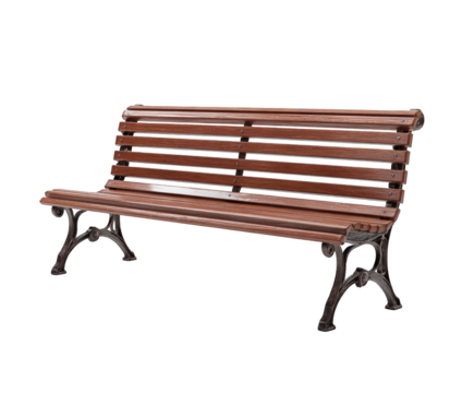 Rustic wooden park bench with slatted seat and backrest, featuring ornate cast iron legs, isolated on transparent background