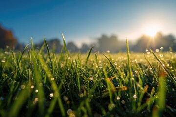 Close-up of dew-covered green grass with a rising sun in the background, creating a warm glow