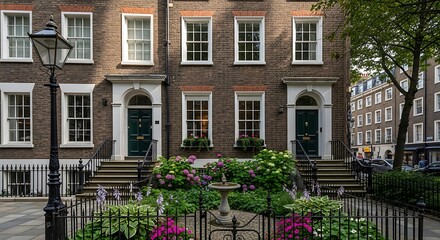 Naklejka premium Charming Georgian Townhouses with a Small Garden in London.