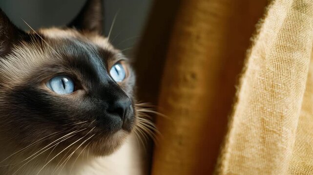 A captivating Siamese cat gazing thoughtfully out the window, basking in warm light, embodying curiosity and companionship in a serene home environment.