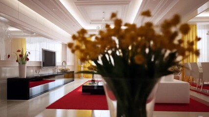 A luxurious living room boasts elegant white furniture, yellow drapes, and a rich red carpet.