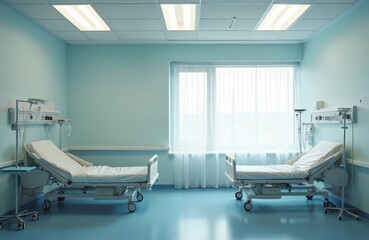 Empty hospital room with two beds ready for patients. Medical equipment and clean white sheets create sterile environment. Sunlight streams through large window.