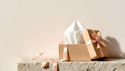 Gift box with white tissue paper and pink ribbon on a stone surface  
