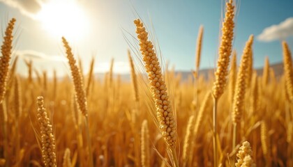 Fototapeta premium Close-up of ripe wheat field on sky. Golden grains ready for harvest under sun. Agriculture, cereal farming concept. Natural texture of grain crops at countryside. Food background with field