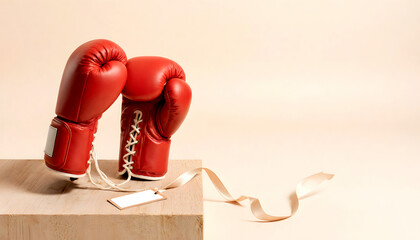 Red boxing gloves resting on a wooden block with a ribbon for Boxing Day  