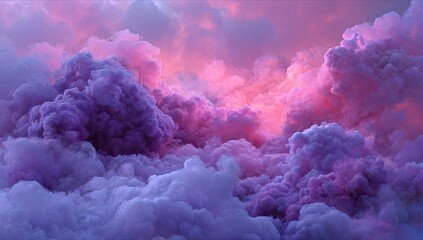 A vibrant and surreal depiction of soft, voluminous clouds bathed in radiant pink and purple hues