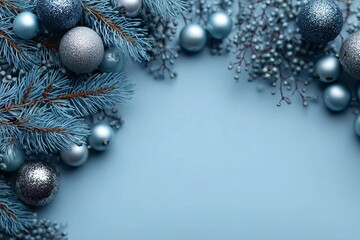 Blue Christmas background with pine tree branches and shiny balls decoration. Xmas frame, greeting card template, banner mockup. Flat lay, top view, copy space.