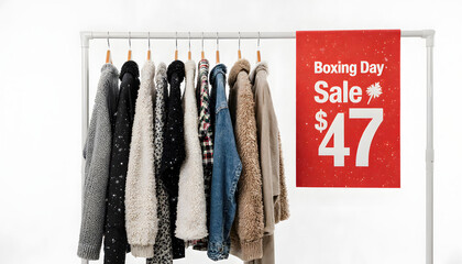 Clothing display featuring winter jackets on Boxing Day sale  