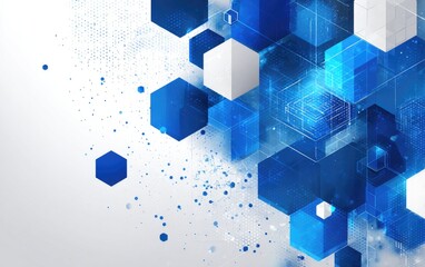 Geometric abstract composition with translucent blue and white hexagonal forms, dynamic design