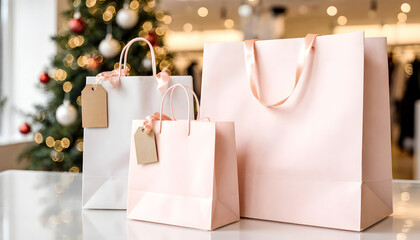 Shopping bags with tags on table in decorated store for Boxing Day  